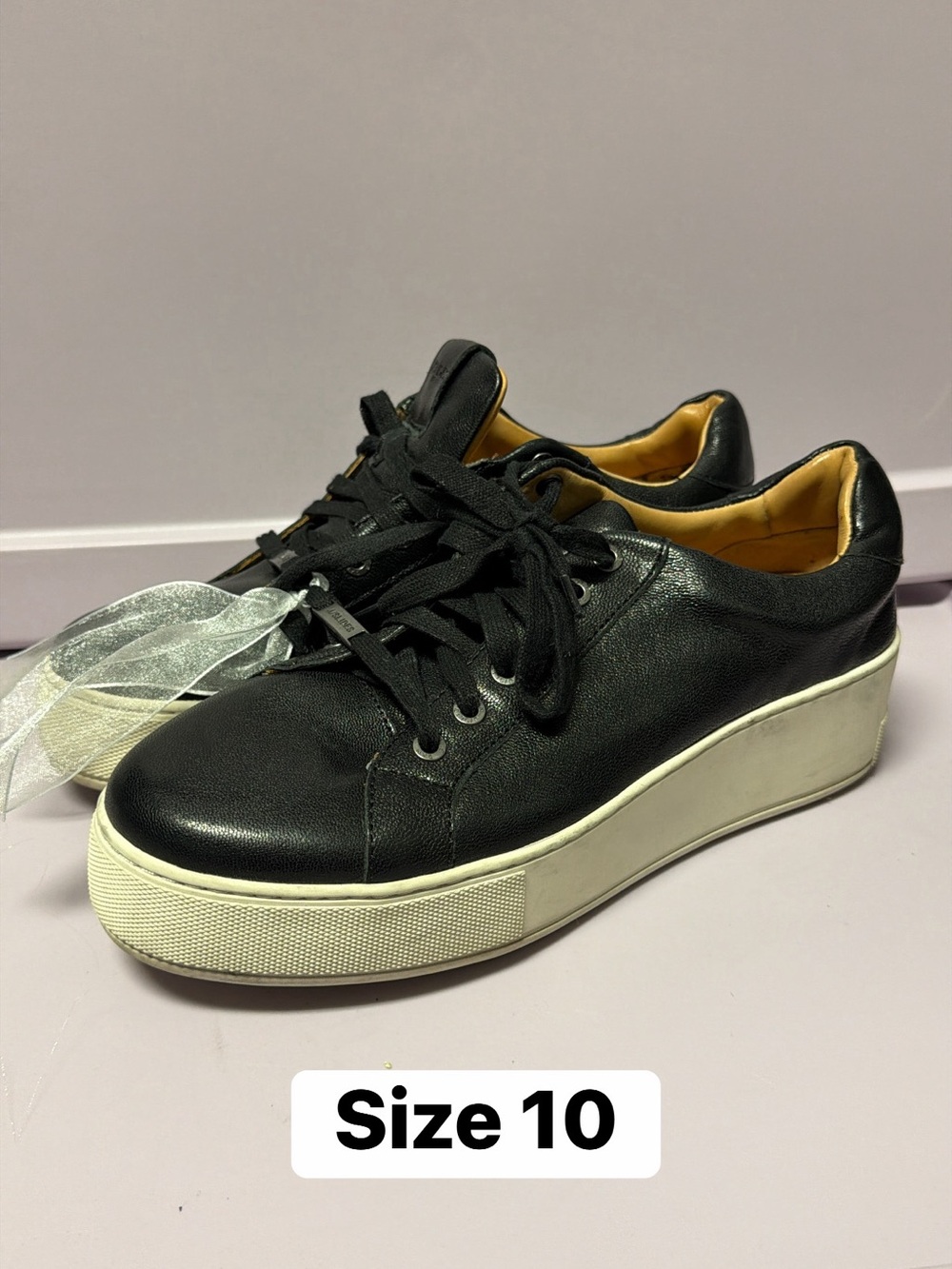 J Slides Black Leather Platform Sneakers with Cream Sole